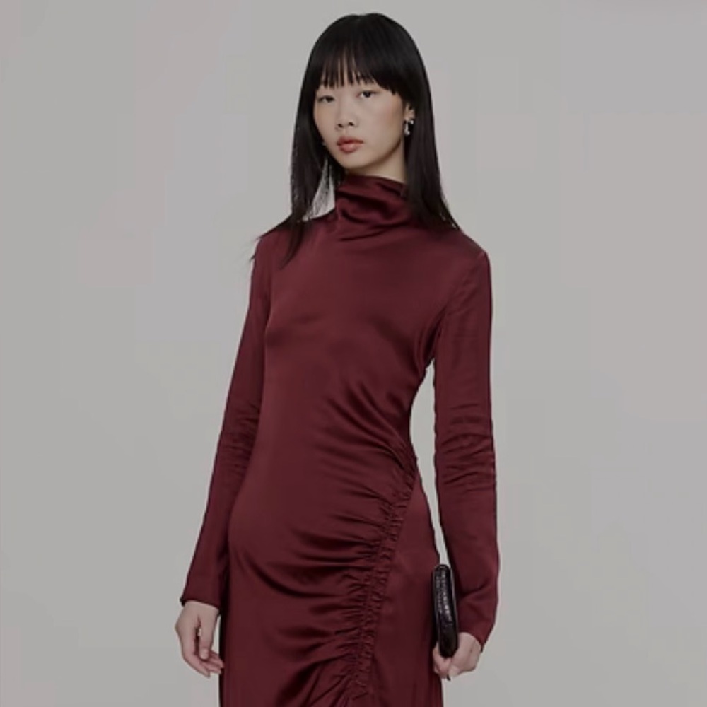 Banana Republic Burgundy Satin Side-Ruched Long Sleeve Dress